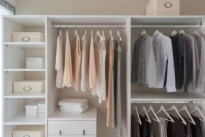 a well-organized reach-in closet with hanging rods, shelving, and cabinetry